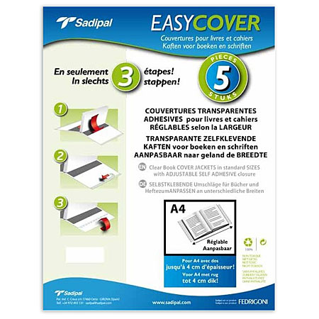Sadipal Set of 5 self-adhesive clear book cover jackets - for A4 with max. 4cm spine