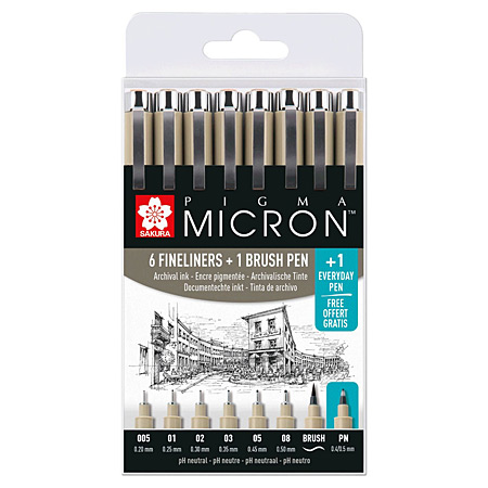 Sakura Pigma Micron - plastic etui - assortiment van 6 gekalibreerde viltstiften, 1 penseelstift + 1 Micron PN stift