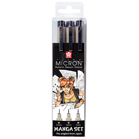 Sakura Pigma Micron Manga Set - plastic wallet - 3 assorted calibred fineliners (0.25-0.45-0.5mm) - black