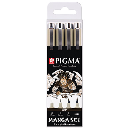 Sakura Pigma Micron Manga Set - plastic wallet - 2 assorted calibred fineliners, 1 Pigma Brush & 1 Pigma Graphic1 - sepia