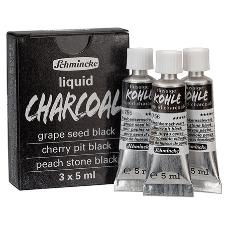 Schmincke Liquid Charcoal - boîte en carton - assortiment de 3 tubes 5ml de fusain liquide