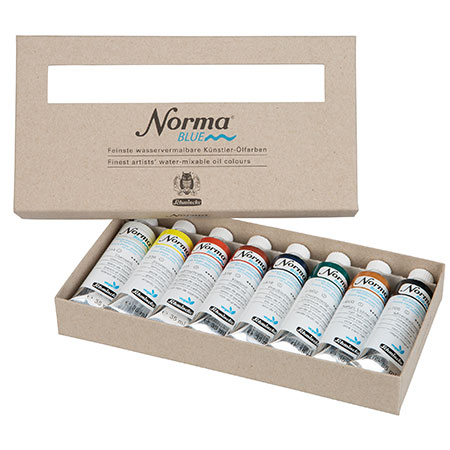 Schmincke Norma Blue - huile diluable à l'eau extra-fine - boîte en carton - assortiment de 8 tubes 35ml