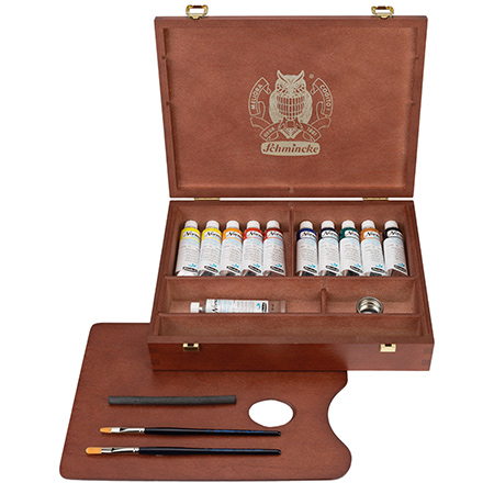 Schmincke Norma Blue - extra-fine watermixable oil colour - wooden box - 11 assorted 35ml tubes & accessories