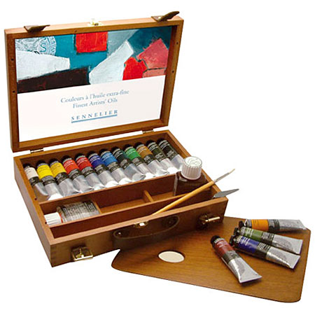 Sennelier De Luxe Wooden Box - 12 assorted 40ml tubes extra-fine oil colour, mediums & accessories