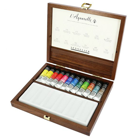 Sennelier L'aquarelle - extra-fine watercolour - luxury walnut box - 12x10ml tubes & 1 porcelain palette