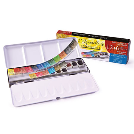 Sennelier L'aquarelle - aquarelle extra-fine - boîte en métal - 18 demi-godets & 6 emplacements vides