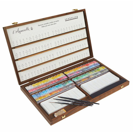 Sennelier L'aquarelle - extra-fine watercolour - luxury walnut box - 96 half pans, 2 procelain palettes & 3 brushes