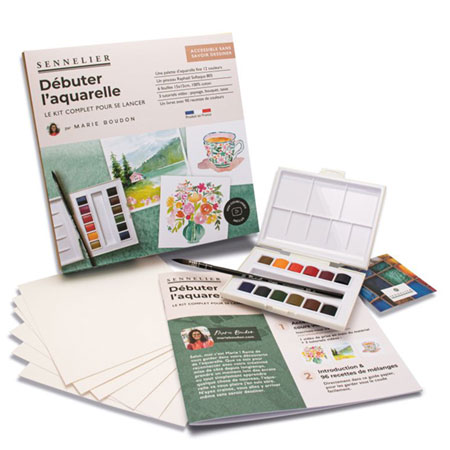 Sennelier Débuter l'aquarelle avec Marie Boudon - 12 demi-godets d'aquarelle fine, 1 pinceau, papier aquarelle & instructions