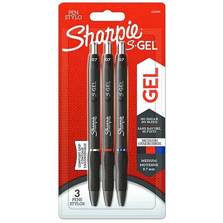 Sharpie S-Gel - assortiment van 3 gel-inkt rollers - medium punt (0.7mm) - zwart/rood/blauw