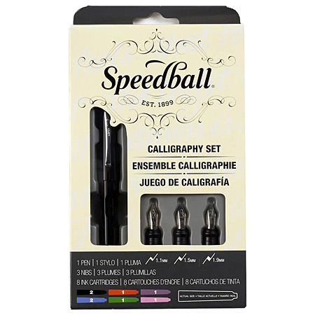 Speedball Calligraphy Fountain Pen Set - 1 fountain pen with 3 nibs (1.1-1.5-1.9mm) & 8 assorted ink cartridges