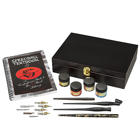 Speedball Calligraphy Collector's Set - coffret en bois - assortiment de flacons d'encre, plumes & porte-plume