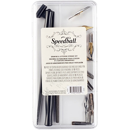 Speedball Drawing & Lettering Set - plastic doosje - 3 penhouders & 12 geassorteerde penpunten