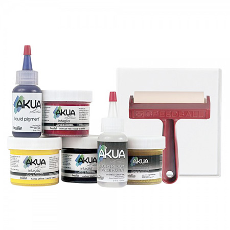 Speedball Akua Gel Printing Kit - 1 gel printplaat, 3 potten Intaglio inkt, 1 flacon Liquid Pigment inkt, medium & 1 afdrukrol