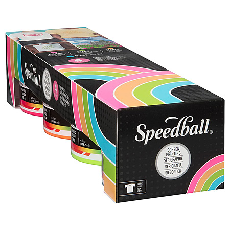 Speedball Fabric Screenprinting Fluo Ink Set - assortiment de 4 pots 119ml d'encre sérigraphie pour textile - couleurs fluorescentes