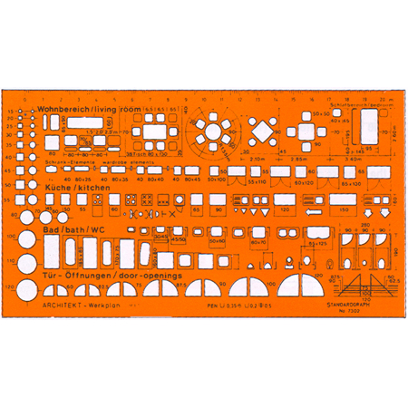 Standargraph - Plastic sjabloon - 225x125x1,2mm - schaal 1/100 - gecombineerd symbolen voor architecten