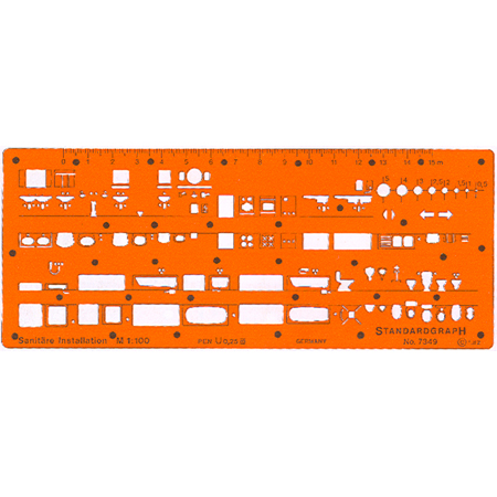 Standargraph - Plastic sjabloon - 200x82x0,75mm - schaal 1/100 - sanitaire installatie I