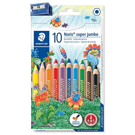 Staedtler Noris - cardboard box - 10 assorted super jumbo coloured pencils & 1 sharpener