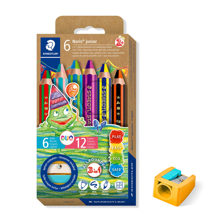 Staedtler Noris Junior Duo - 6 assorted two tone coloured pencils 3-in-1 & 1 sharpener
