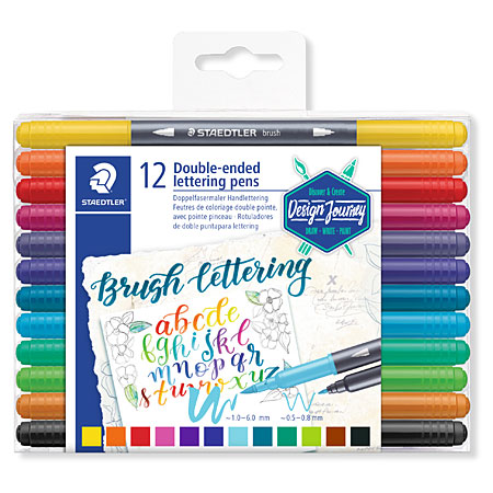 Staedtler Brush Letter Duo - plastic wallet - 12 assorted duo pens (brush & round tip)