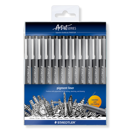 Staedtler Pigment Liner 308 - étui en plastique - assortiment de 12 feutres calibrés noirs