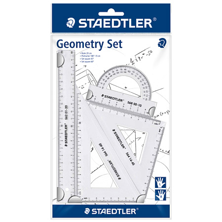 Staedtler Geometry set in clear plastic - 1x20cm ruler, 1x9cm protractor, 1 set square 45° & 1 set square 60°