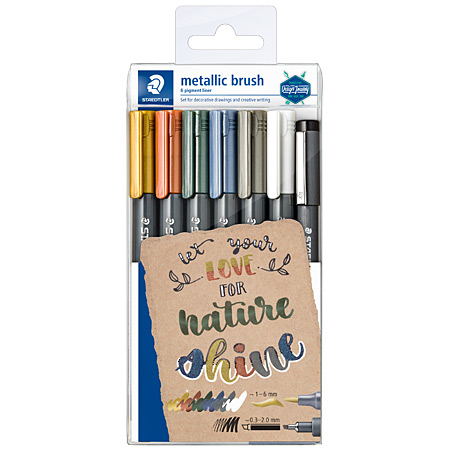 Staedtler Metallic Brush & Pigment Liner - étui en plastique - assortiment de 6 feutres à pointe pinceau & 1 feutre calibré