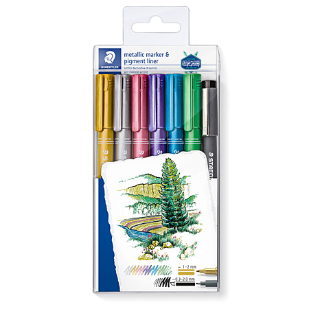 Staedtler Metallic Pen & Pigment Liner - plastic wallet - 6 assorted pens & 1 fineliner