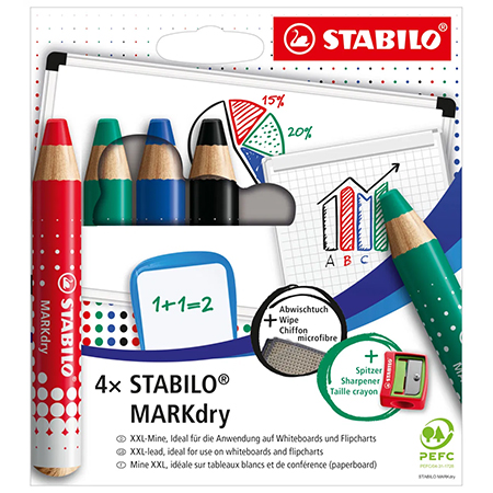 Stabilo MARKdry - cardboard box - 4 assorted pencils for chalk board & white board + 1 sharpener & 1 rag