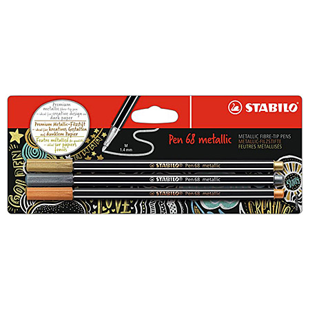 Stabilo Pen 68 Metallic - assortiment van 3 metaalkleurige markers (zilver/goud/koper)