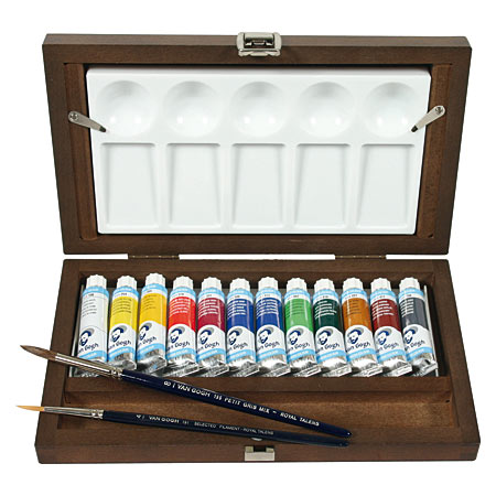 Talens Van Gogh - wooden box - 12x10ml tubes of fine watercolour, 2 brushes & 1 palette