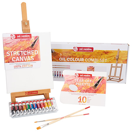 Talens Art Creation Combi Set - 12 assorted 12ml tubes of oil colours, 1 table easel & accessories