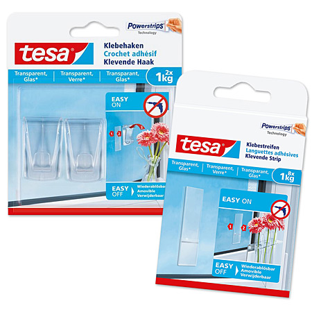 Tesa Pack of 2 self-adhesive hooks for glass & transparent surfaces - to 1kg
