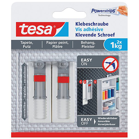Tesa Vis adhésive pour surfaces délicates - hauteur ajustable - paquet de 2 pièces - jusqu'à 1kg