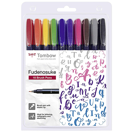 Tombow Fudenosuke - 10 assorted hard tip brush pens