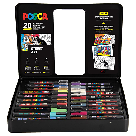 Posca Black Box Metal Street Art - 20 assorted markers + 3 original sheets to colour