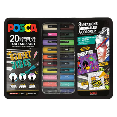 Posca Black Box Metal Street Vibes - assortiment de 20 marqueurs + 3 planches à colorier