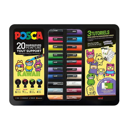 Posca Black Box Metal Kawaii Gaston Stones - 20 assorted markers & 4 tuto boards