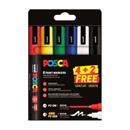 Posca Set of 6 markers - plastic pouch - 4 assorted medium tip markers + 2 brush tip markers