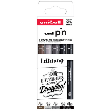 Uni Pin Lettering - étui en carton - assortiment de 5 feutres - noir (08/pointe pinceau) /pointe pinceau (gris clair / gris foncé / sépia)
