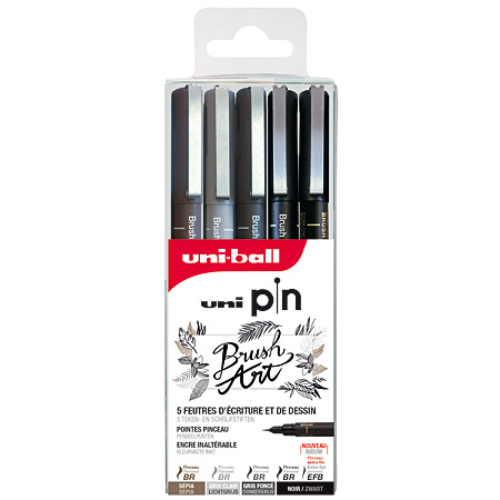Uni Pin Brush Art - étui en plastique - assortiment de 5 feutres - pointe pinceau (sépia-gris clair-gris foncé-noir)/pointe pinceau extra-fine (noir)