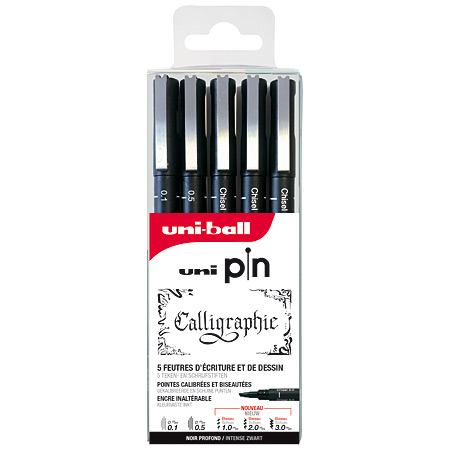 Uni Pin Calligraphie - plastic pouch - 5 assorted pens - 01/05/chisel tip (1.0/2.0/3.0)