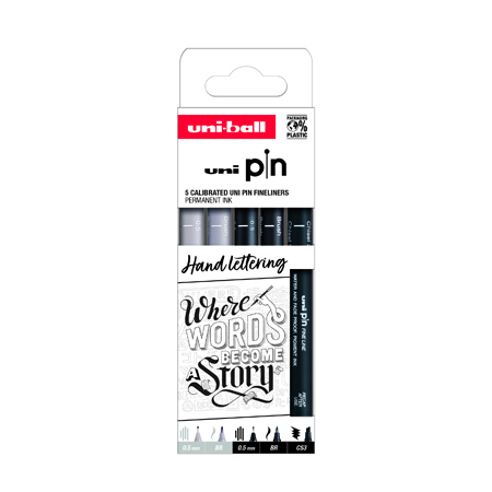 Uni Pin Handlettering - cardboard box - 5 assorted black fineliners - black (05/brush/chisel 3mm) / light grey (05/brush)