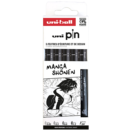 Uni Pin Manga Shonen - cardboard box - 5 assorted black fineliners - 005/03/08/12/brush tip