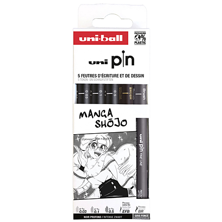 Uni Pin Manga Shojo - cardboard box - 5 assorted fineliners - black (003/01/05/xf brush tip) /dark grey (brush tip)