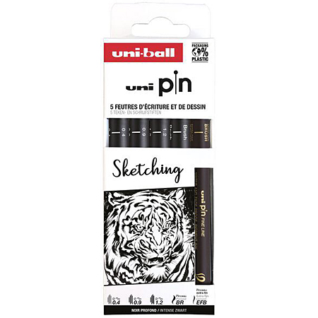 Uni Pin Sketching - étui en carton - assortiment de 5 feutres noirs - 04/09/12/pointe pinceau xf/pointe pinceau