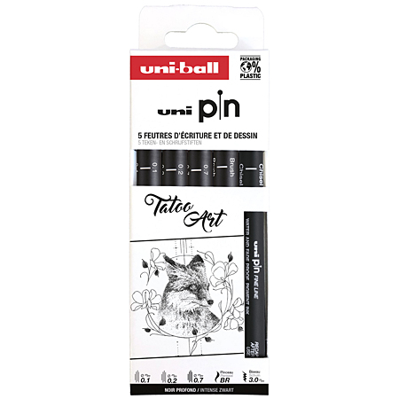 Uni Pin Tatoo Art - cardboard box - 5 assorted black fineliners - 01/02/07/brush tip/chisel tip