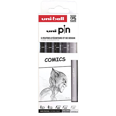 Uni Pin Comics - étui en carton - assortiment de 5 feutres - noirs (07/10) /pointes pinceau (noir /gris foncé /gris clair)