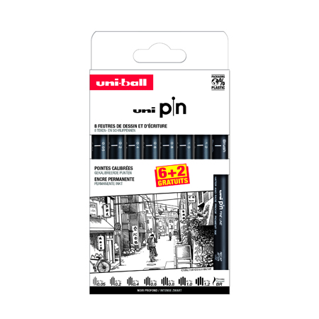 Uni Pin - étui en carton - assortiment de 6+2 feutres noir (pinceau/005/02/04/06/08/10/12)
