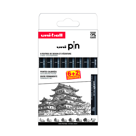 Uni Pin - étui en carton - assortiment de 6+2 feutres noir (pinceau/003/01/03/05/07/09/12)