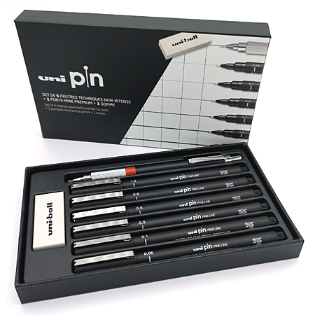 Uni Pin - cardboard box - 6 assorted calibred fineliners, 1 propelling pencil & 1 eraser